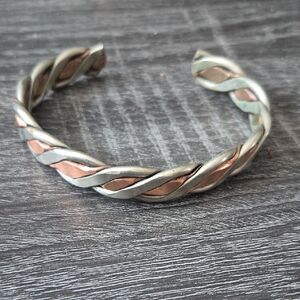 Mens Vintage Copper And Silver Two-Tone Twisted Metal Cuff Bracelet